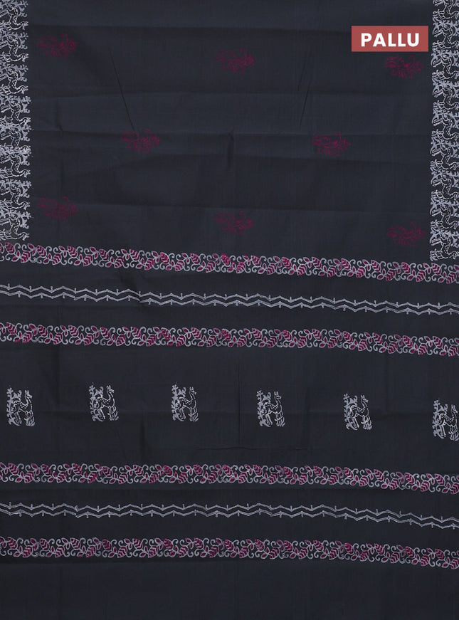 Semi silk cotton saree grey and pink with warli butta prints and printed border