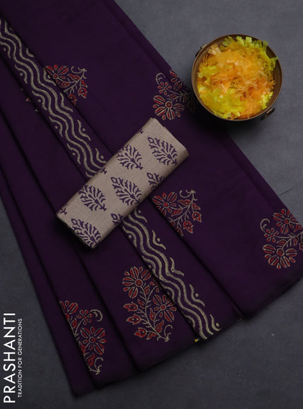 Semi silk cotton saree violet and grey with butta prints in borderless style