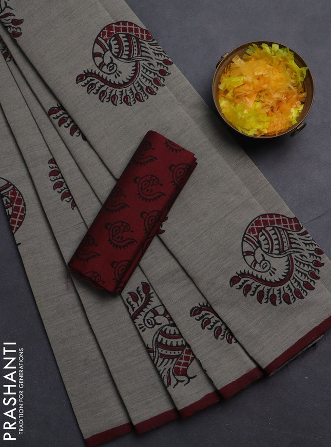 Semi silk cotton saree grey and maroon with butta prints and piping border