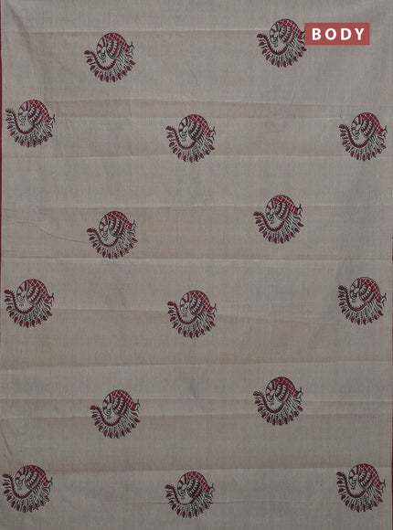 Semi silk cotton saree grey and maroon with butta prints and piping border