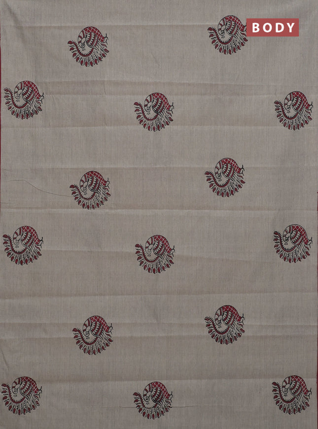 Semi silk cotton saree grey and maroon with butta prints and piping border