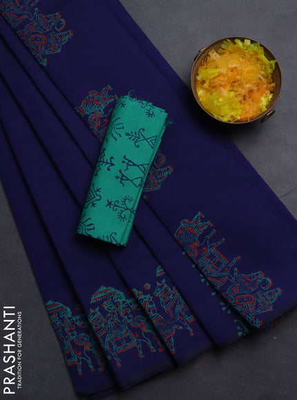Semi silk cotton saree navy blue and teal green with butta prints in borderless style