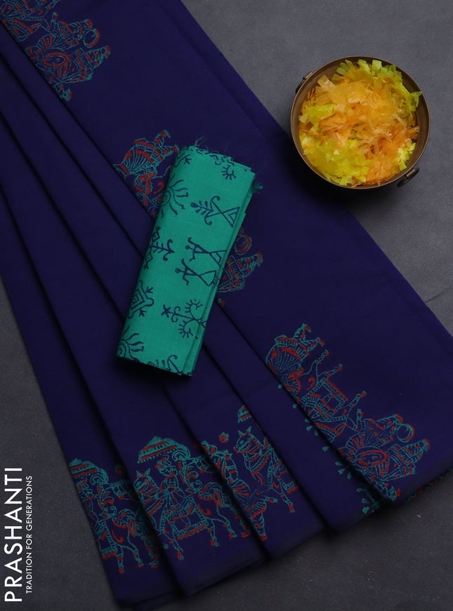 Semi silk cotton saree navy blue and teal green with butta prints in borderless style