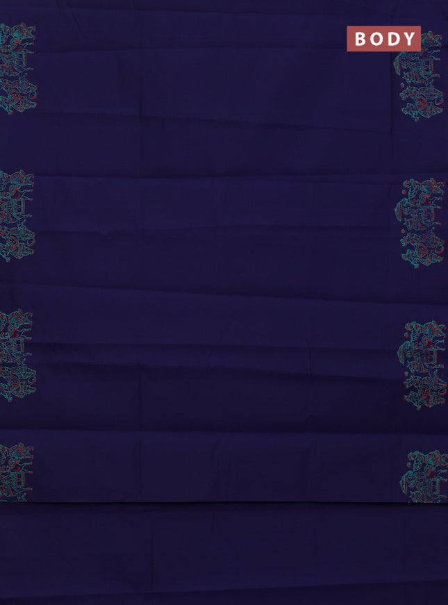 Semi silk cotton saree navy blue and teal green with butta prints in borderless style