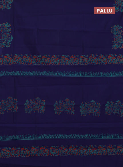 Semi silk cotton saree navy blue and teal green with butta prints in borderless style