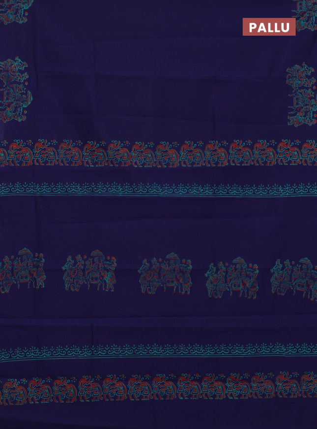 Semi silk cotton saree navy blue and teal green with butta prints in borderless style