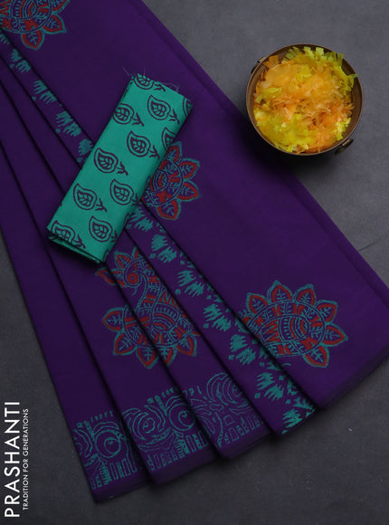 Semi silk cotton saree violet and teal green with butta prints and printed border
