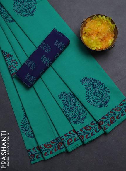 Semi silk cotton saree teal green and blue with butta prints and printed border