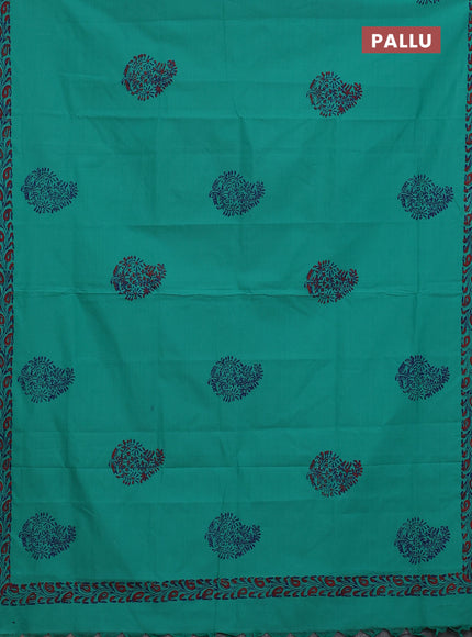 Semi silk cotton saree teal green and blue with butta prints and printed border