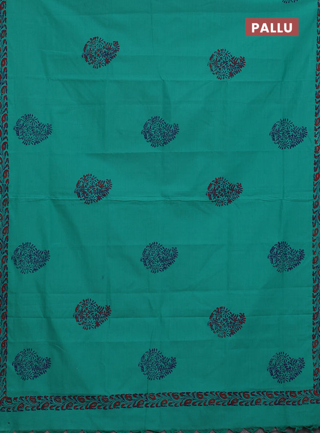 Semi silk cotton saree teal green and blue with butta prints and printed border