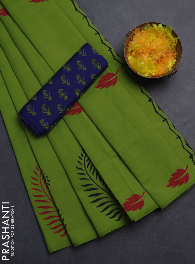 Semi silk cotton saree light green and blue with leaf butta prints in borderless style