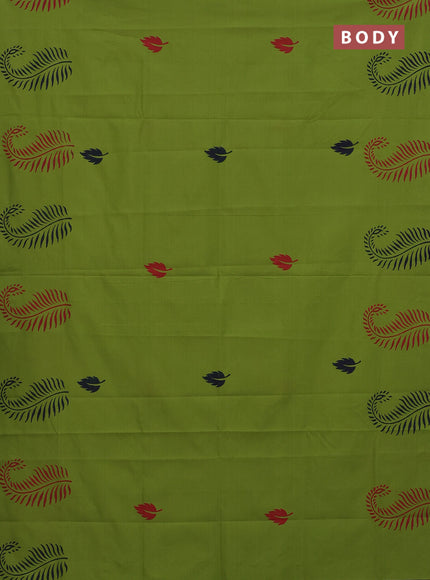 Semi silk cotton saree light green and blue with leaf butta prints in borderless style