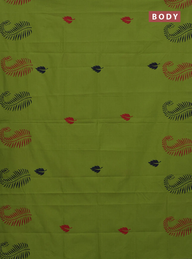 Semi silk cotton saree light green and blue with leaf butta prints in borderless style