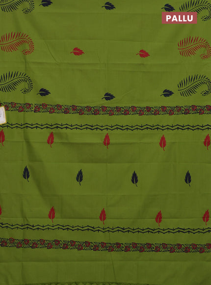 Semi silk cotton saree light green and blue with leaf butta prints in borderless style