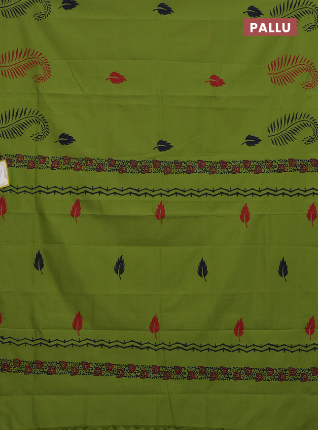 Semi silk cotton saree light green and blue with leaf butta prints in borderless style