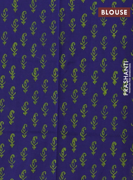 Semi silk cotton saree light green and blue with leaf butta prints in borderless style