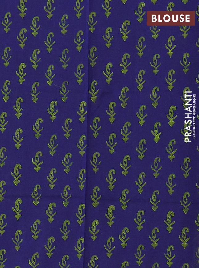 Semi silk cotton saree light green and blue with leaf butta prints in borderless style