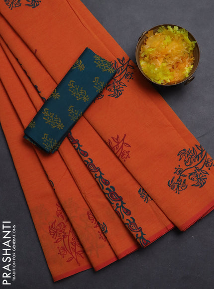 Semi silk cotton saree orange and peacock green with butta prints in borderless style