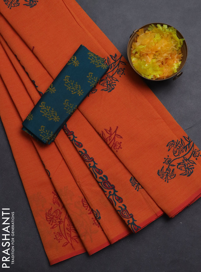 Semi silk cotton saree orange and peacock green with butta prints in borderless style