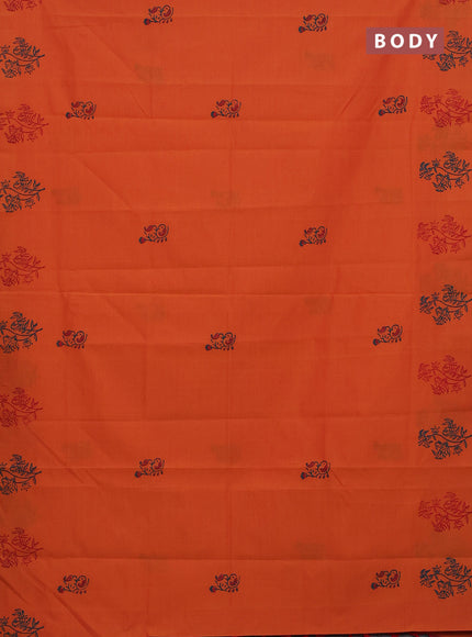 Semi silk cotton saree orange and peacock green with butta prints in borderless style