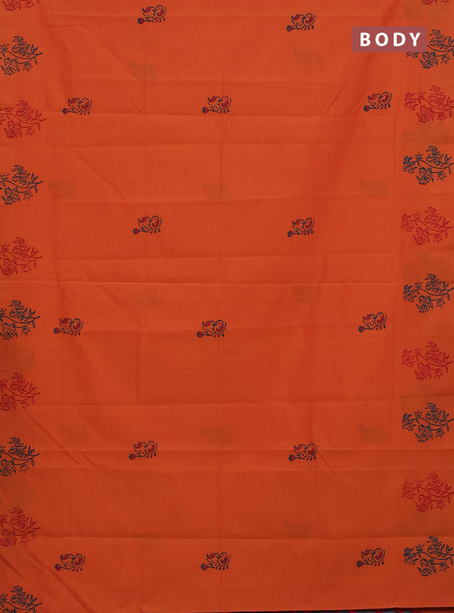 Semi silk cotton saree orange and peacock green with butta prints in borderless style