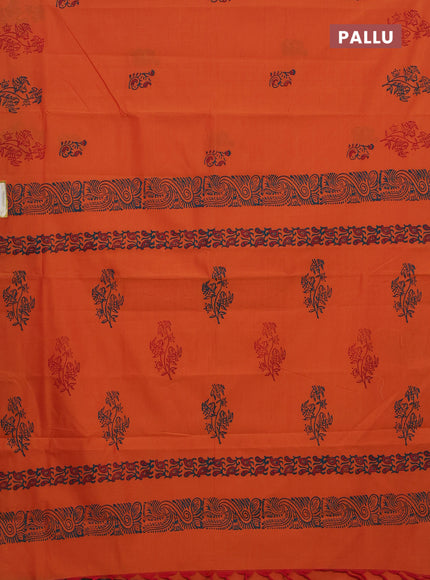 Semi silk cotton saree orange and peacock green with butta prints in borderless style
