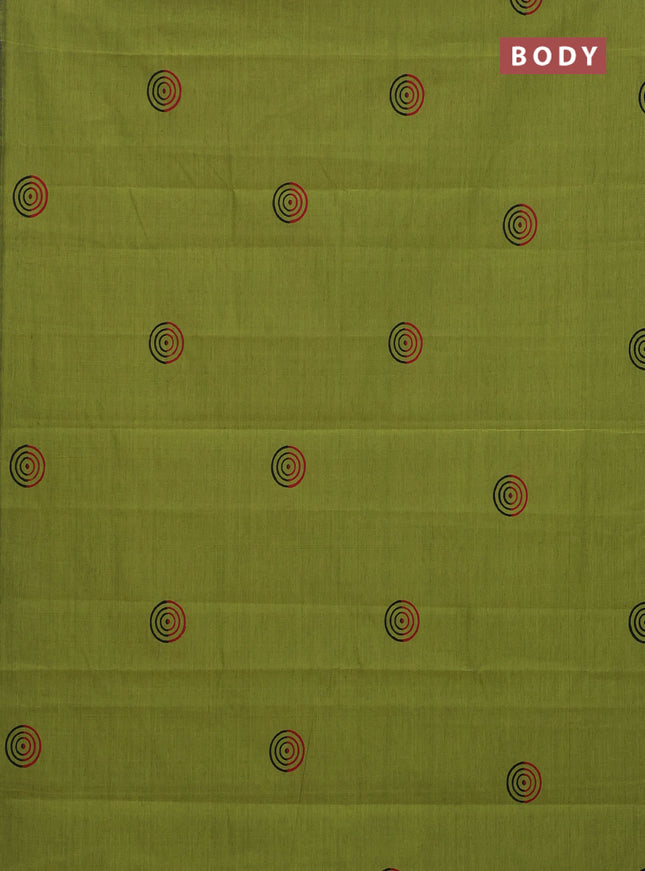 Semi silk cotton saree light green and black with butta prints in borderless style