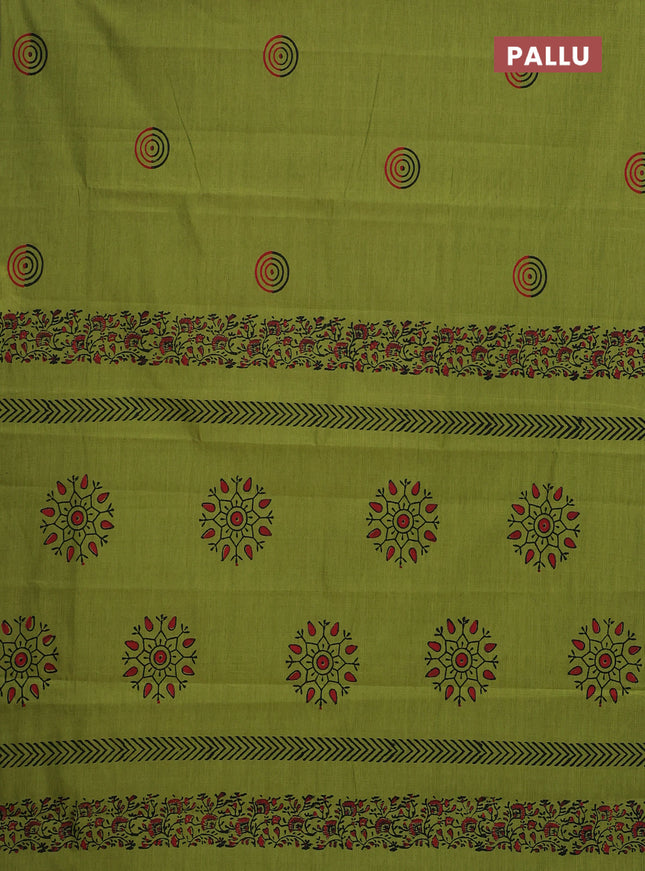 Semi silk cotton saree light green and black with butta prints in borderless style