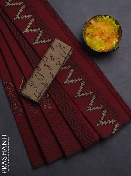 Semi silk cotton saree maroon and beige with butta prints in borderless style