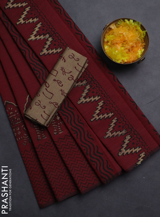 Semi silk cotton saree maroon and beige with butta prints in borderless style