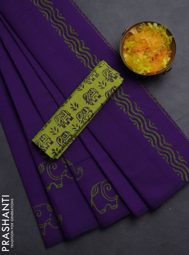 Semi silk cotton saree violet and fluorescent green with butta prints in borderless style
