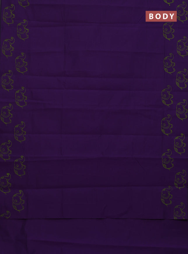 Semi silk cotton saree violet and fluorescent green with butta prints in borderless style