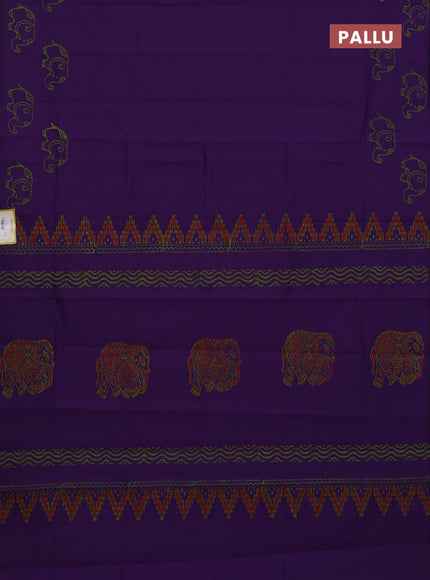 Semi silk cotton saree violet and fluorescent green with butta prints in borderless style