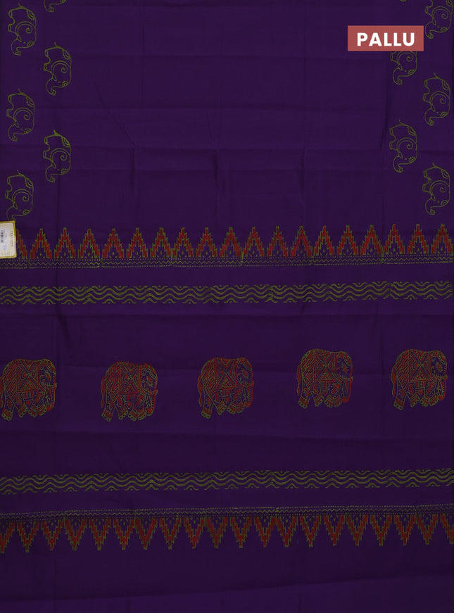 Semi silk cotton saree violet and fluorescent green with butta prints in borderless style