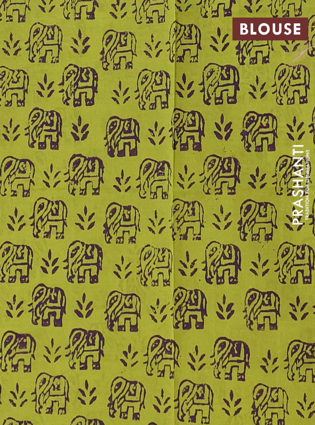 Semi silk cotton saree violet and fluorescent green with butta prints in borderless style