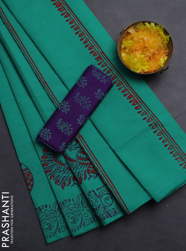 Semi silk cotton saree teal green and violet with butta prints and printed border