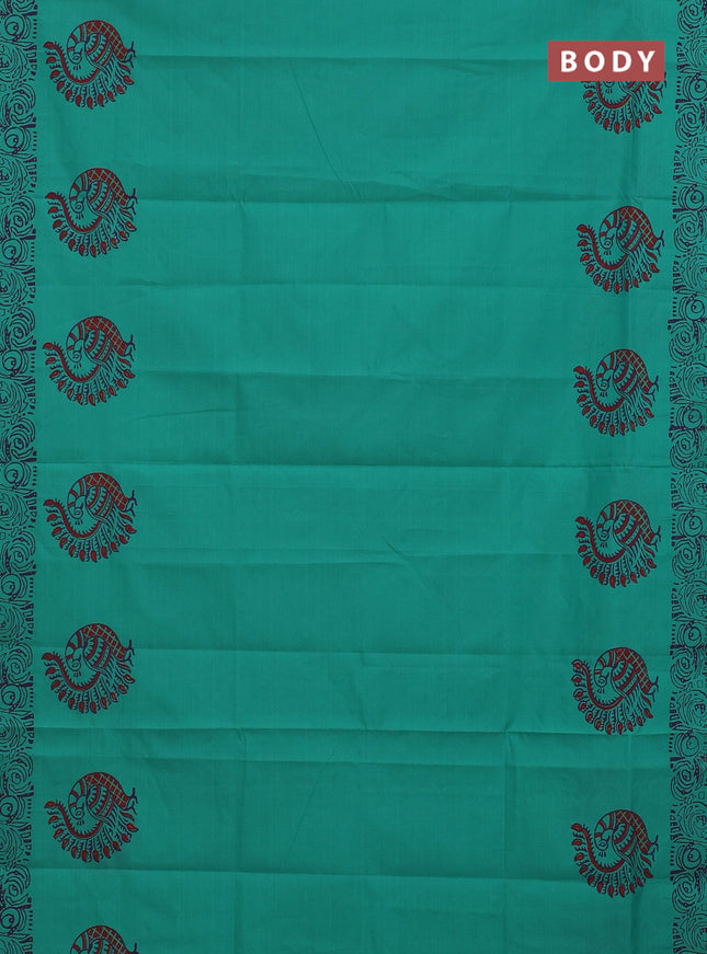 Semi silk cotton saree teal green and violet with butta prints and printed border