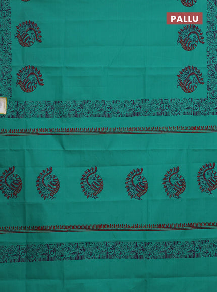 Semi silk cotton saree teal green and violet with butta prints and printed border