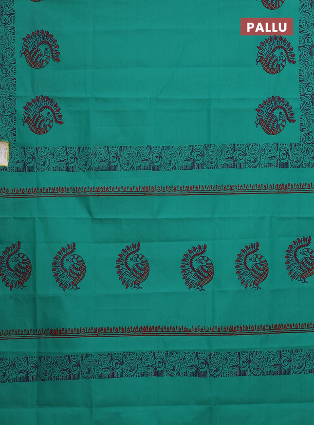 Semi silk cotton saree teal green and violet with butta prints and printed border