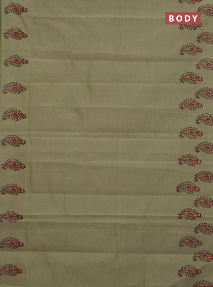 Semi silk cotton saree pista green and brown with butta prints and printed border