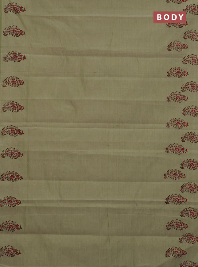 Semi silk cotton saree pista green and brown with butta prints and printed border