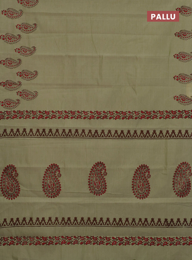 Semi silk cotton saree pista green and brown with butta prints and printed border