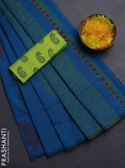 Semi silk cotton saree peacock blue and fluorescent green with butta prints in borderless style