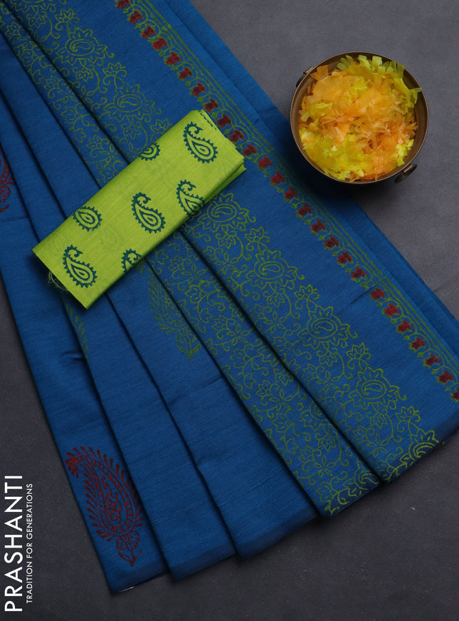 Semi silk cotton saree peacock blue and fluorescent green with butta prints in borderless style