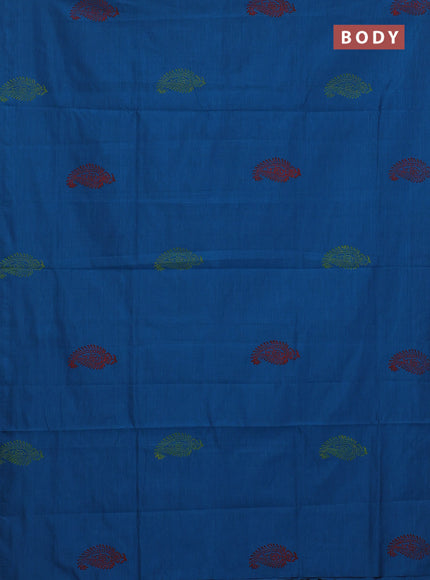 Semi silk cotton saree peacock blue and fluorescent green with butta prints in borderless style