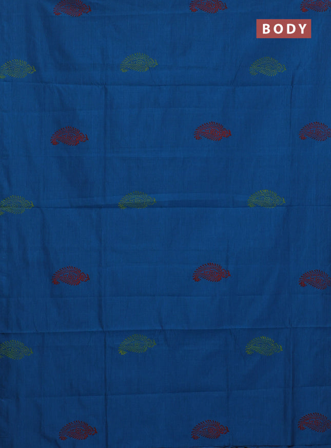 Semi silk cotton saree peacock blue and fluorescent green with butta prints in borderless style