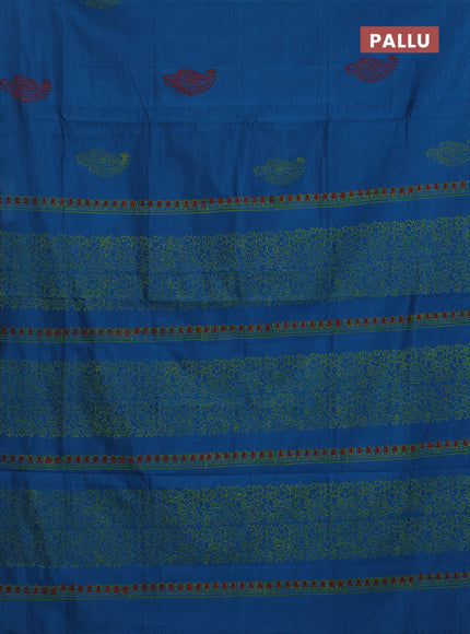 Semi silk cotton saree peacock blue and fluorescent green with butta prints in borderless style