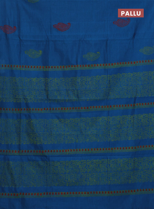 Semi silk cotton saree peacock blue and fluorescent green with butta prints in borderless style