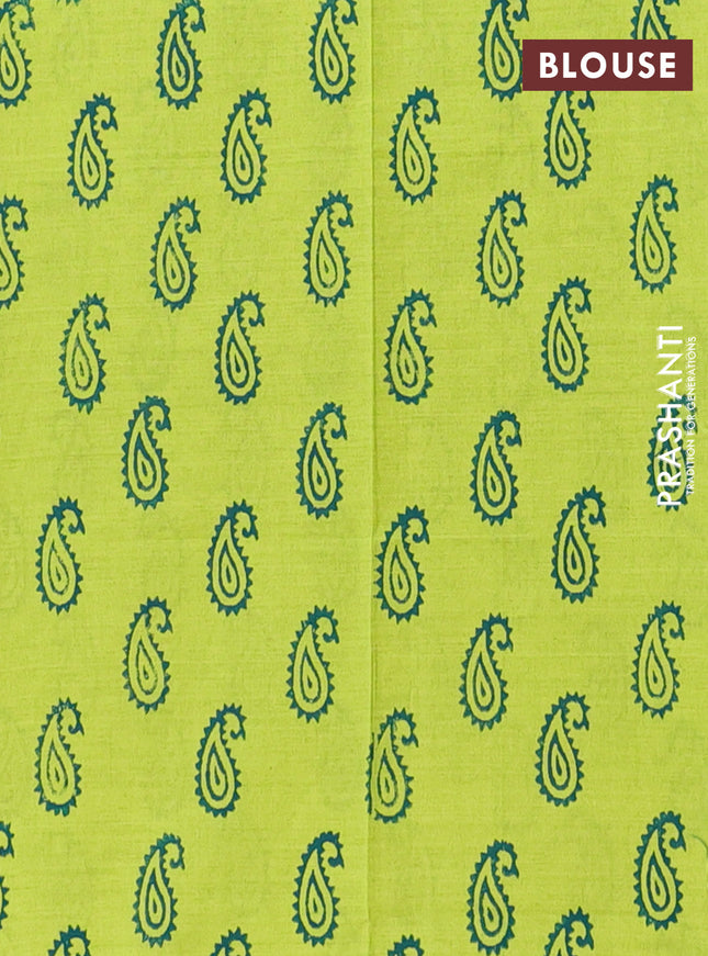 Semi silk cotton saree peacock blue and fluorescent green with butta prints in borderless style