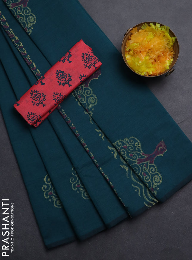 Semi silk cotton saree peacock green and peach pink with butta prints in borderless style
